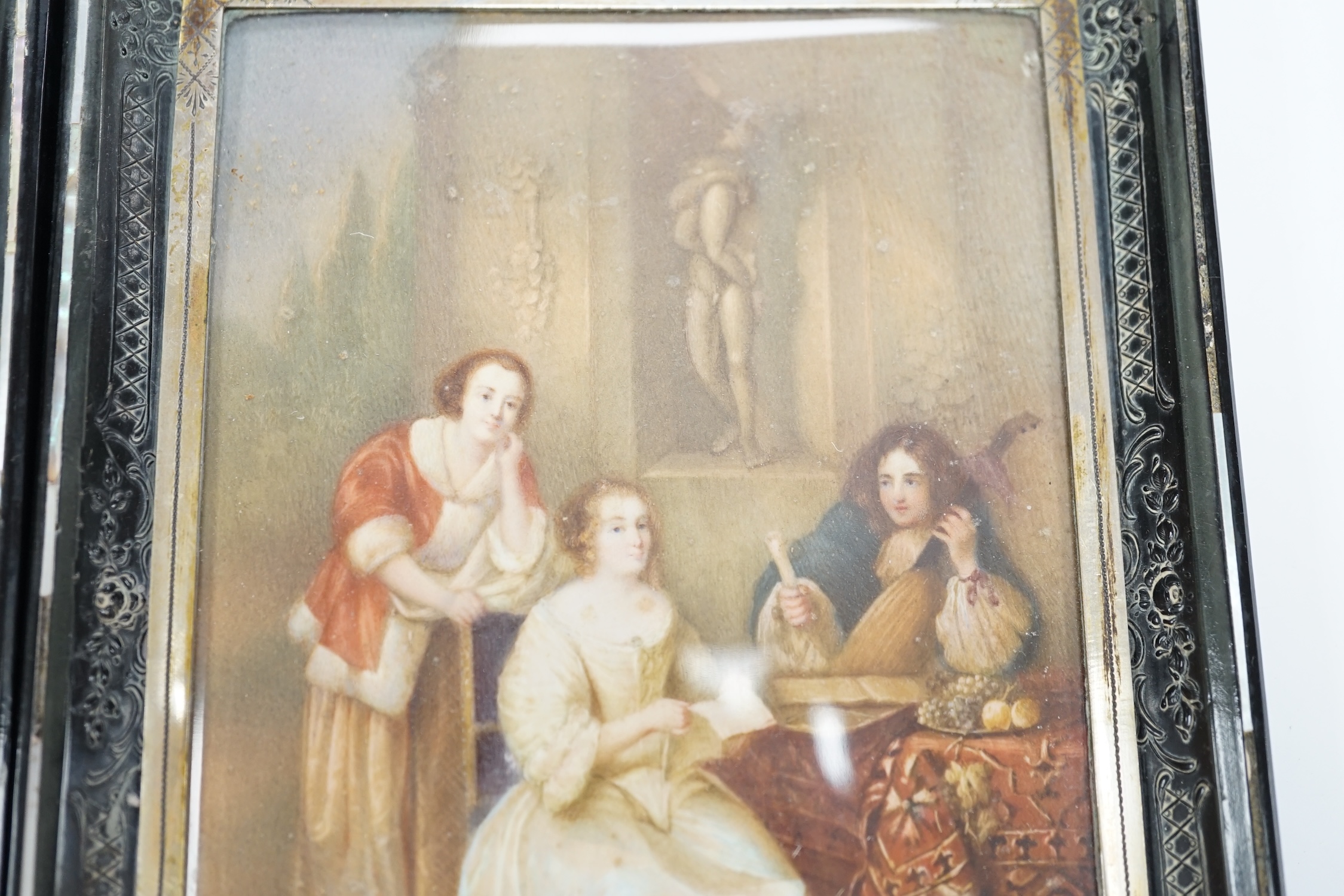 A pair of mid 19th century watercolour miniatures on ivory, Queen Victoria and three figures wearing 17th century dress, housed in inlaid and ebonised frames, 13 x 9cm CITES Submission reference 644V5FRS
